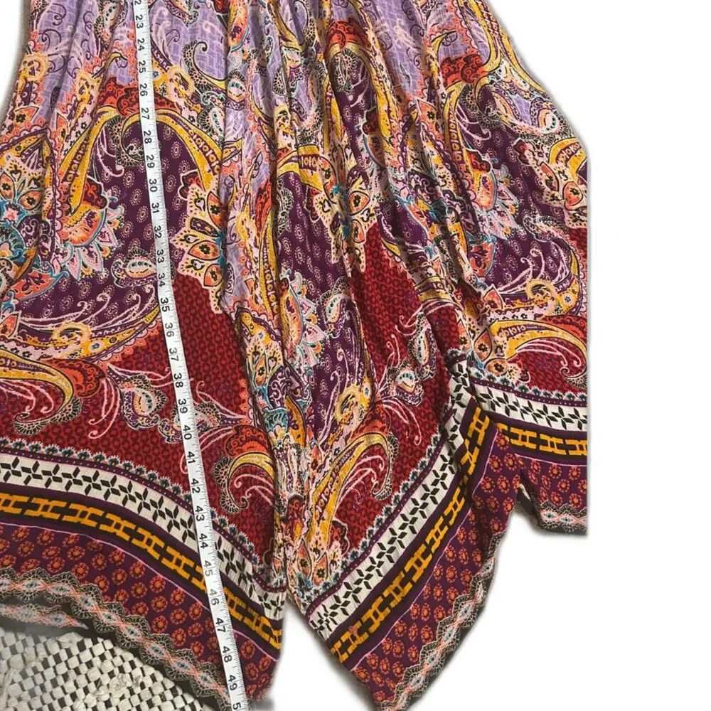 Bila Boho Paisley Midi Dress M Crochet Lace Neck Sleeveless Handkerchief Hem - Picture 5 of 6